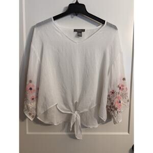 BOHO Olivia & Martin Sz XL WHITE Peasant Blouse Floral Embroidered Sleeves Retro